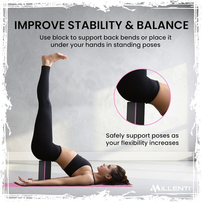 Millenti Gray Black Yoga Block Yoga Brick - Sold as Single EVA Foam Block, Bevelled Edge, Non-Slip, Latex-Free Block with a Workout Chart 9x6x4”