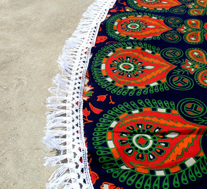 Mandala Round Beach Tapestry Boho Hippie Blanket Bohemian Large Table Cloth Home Decor Yoga Mat Meditation Picnic Rug Throw Hippy Gypsy Tablecloth Roundie (42 Inches, Orange And Blue)