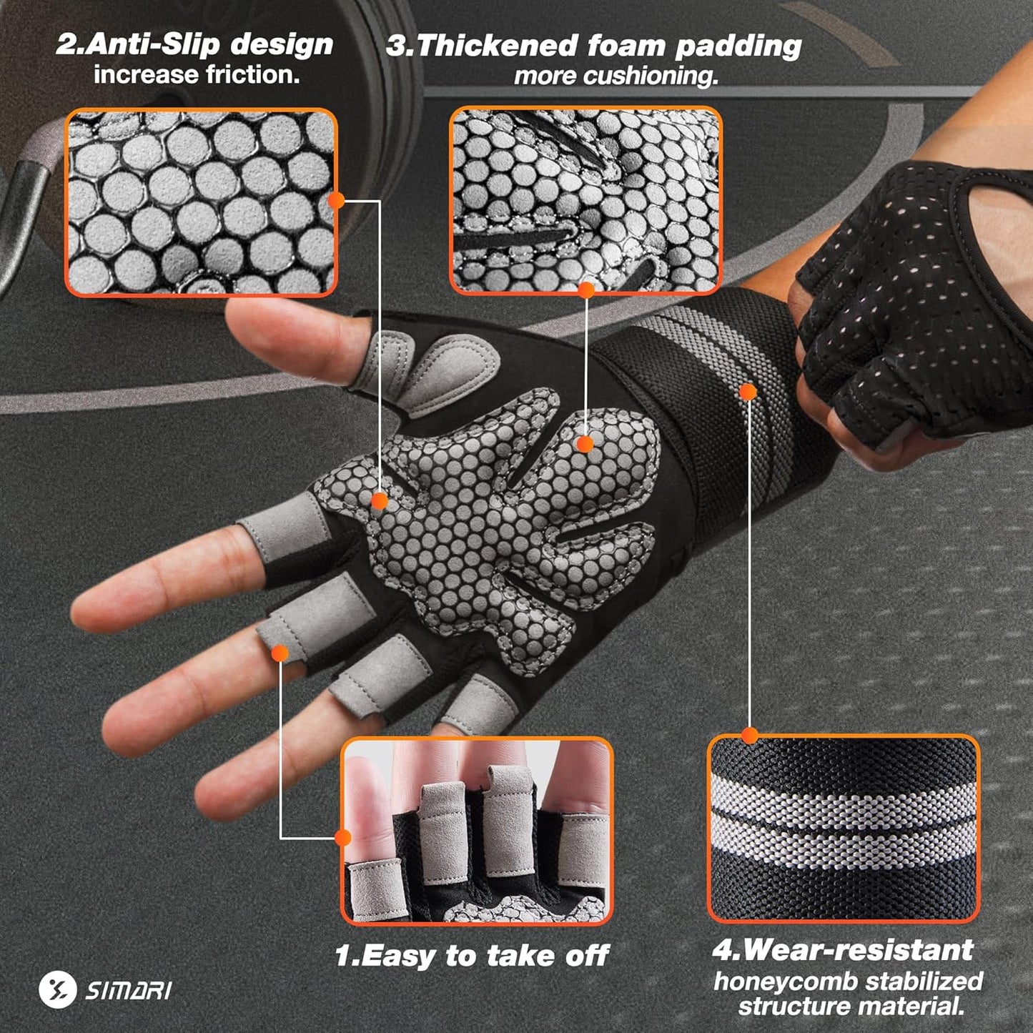 SIMARI Breathable Workout Gloves for Men Women, Padded Weight Lifting Gloves with Wrist Wraps Support, Full Palm Protection, Grip for Gym Training, Fitness, Weightlifting, Exercise Fingerless Black