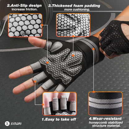 SIMARI Breathable Workout Gloves for Men Women, Padded Weight Lifting Gloves with Wrist Wraps Support, Full Palm Protection, Grip for Gym Training, Fitness, Weightlifting, Exercise Fingerless Black
