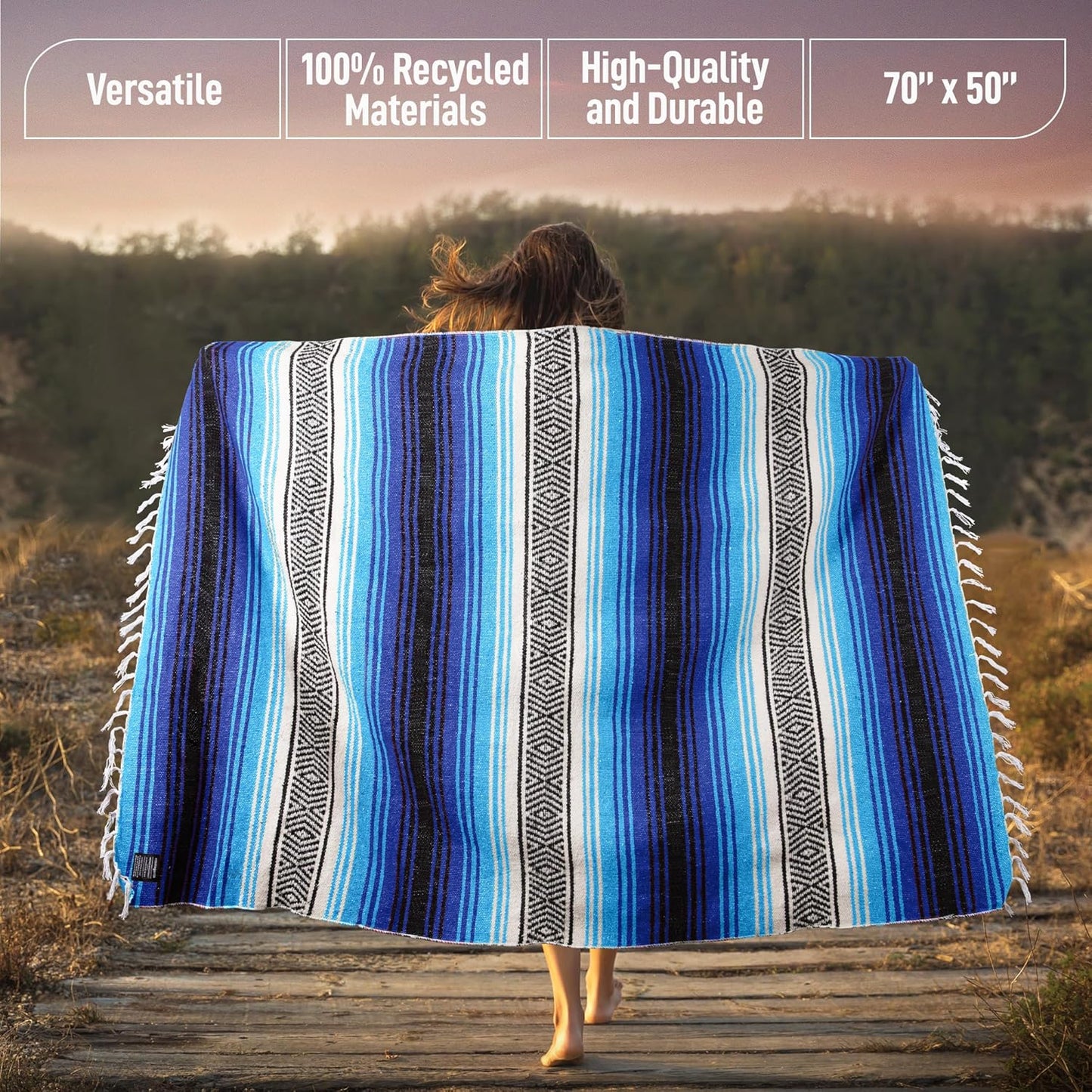 Hydration Nation Authentic Large Handwoven Mexican Blanket - Soft Yoga - Durable Serape - Lightweight Falsa, Beach, Camping, Picnic, Outdoor 70"x50" - Mandarin