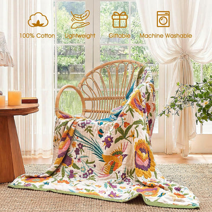 Boho Throw Blanket - 100% Cotton Soft Summer Throw Blanket for Bed, 50"x60" Reversible Breathable Lightweight Blankets, All Seasons Farmhouse Decor Floral Plant Butterfly Throw Quilt