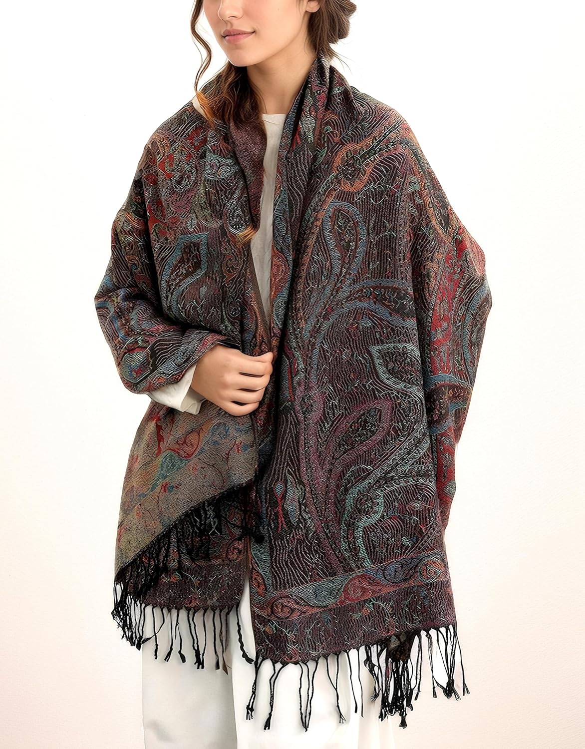 Achillea Reversible Paisley Pashmina Rave Scarf – Exotic Indian Shawls and Wraps for Evening Dresses, Festivals, All Seasons - Colors A