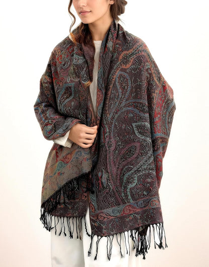 Achillea Reversible Paisley Pashmina Rave Scarf – Exotic Indian Shawls and Wraps for Evening Dresses, Festivals, All Seasons - Colors A