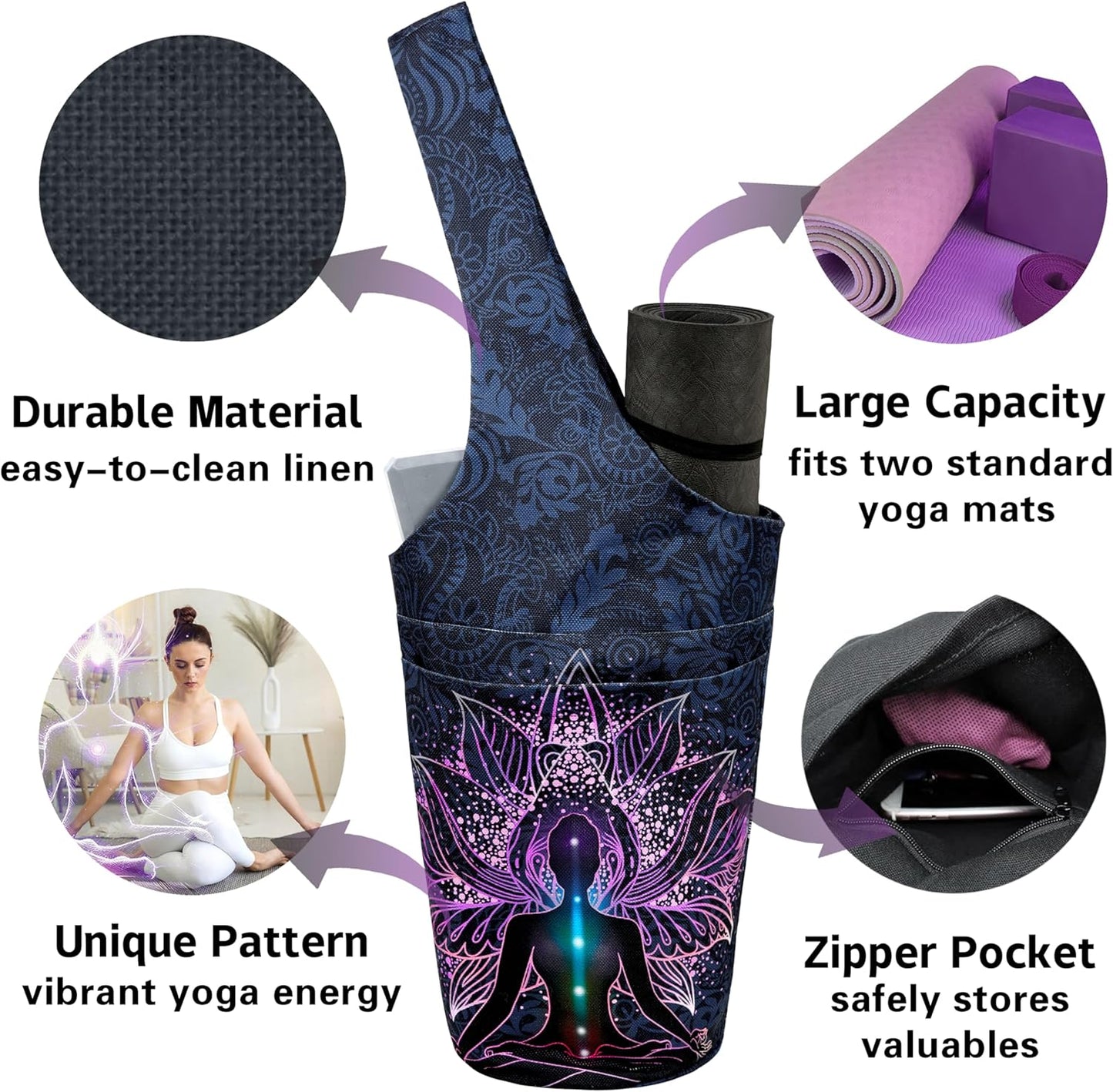 Yoga Mat Bag Carrier for Women with Side Large Pocket Durable Linen Workout Gym Travel Storage Pilates Mats