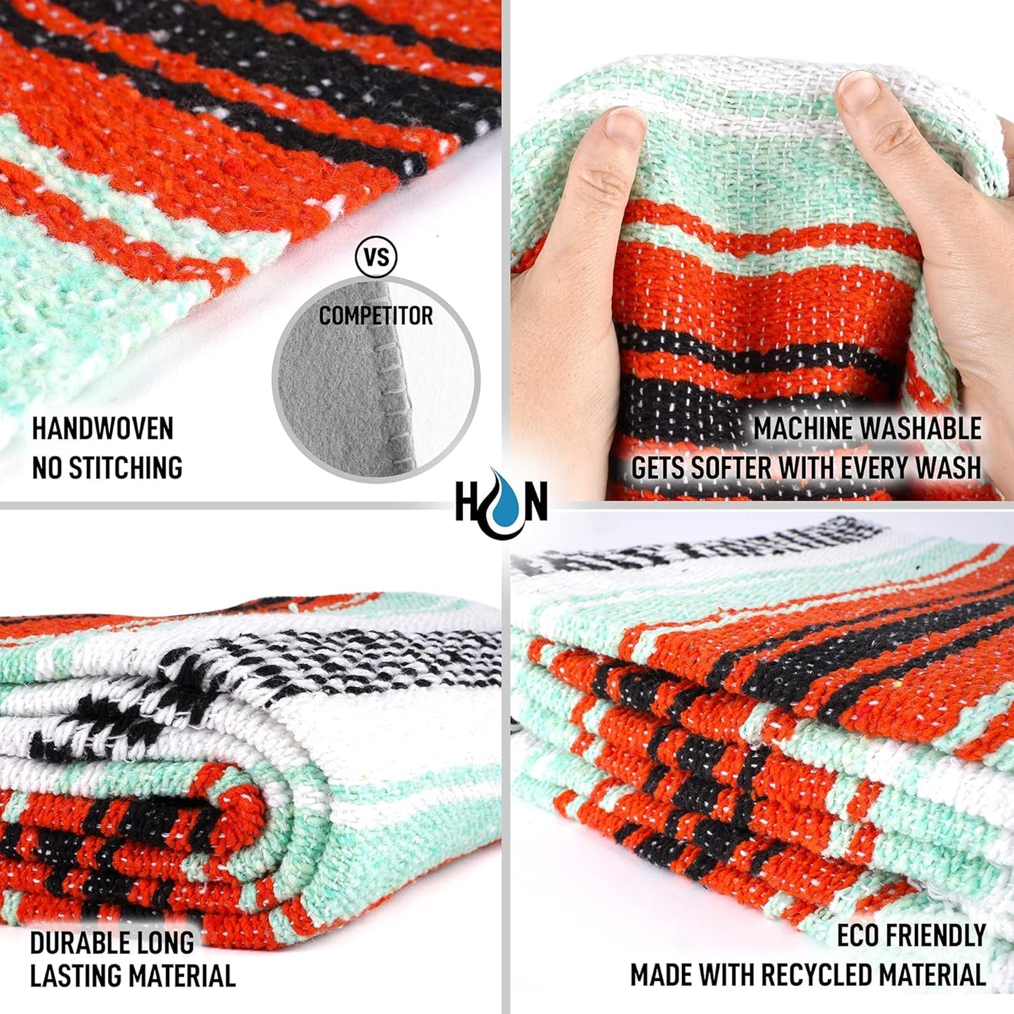 Hydration Nation Authentic Large Handwoven Mexican Blanket - Soft Yoga - Durable Serape - Lightweight Falsa, Beach, Camping, Picnic, Outdoor 70"x50" - Mandarin