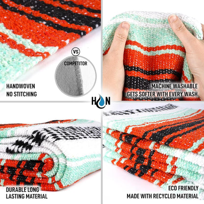 Hydration Nation Authentic Large Handwoven Mexican Blanket - Soft Yoga - Durable Serape - Lightweight Falsa, Beach, Camping, Picnic, Outdoor 70"x50" - Mandarin