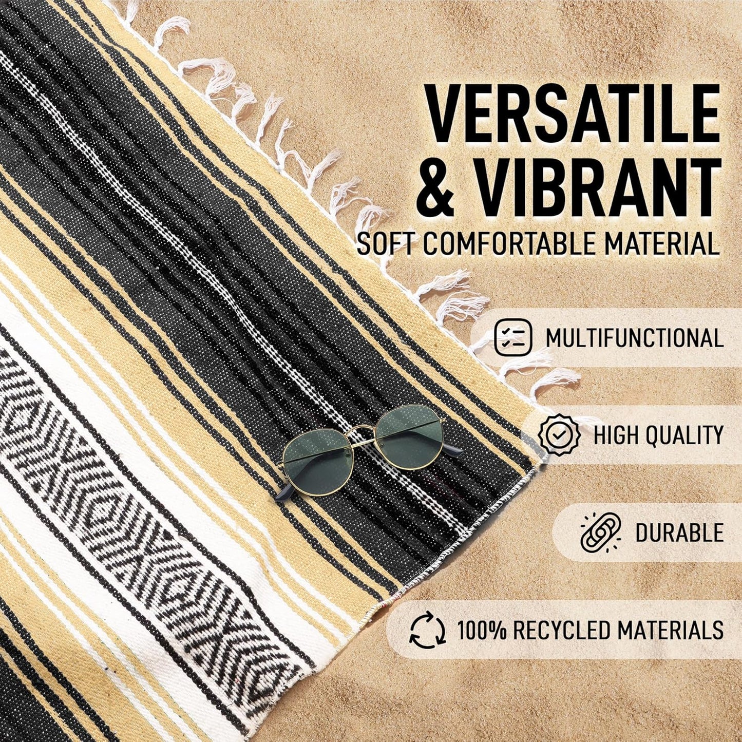 Hydration Nation Authentic Large Handwoven Mexican Blanket - Soft Yoga - Durable Serape - Lightweight Falsa, Beach, Camping, Picnic, Outdoor 70"x50" - Mandarin