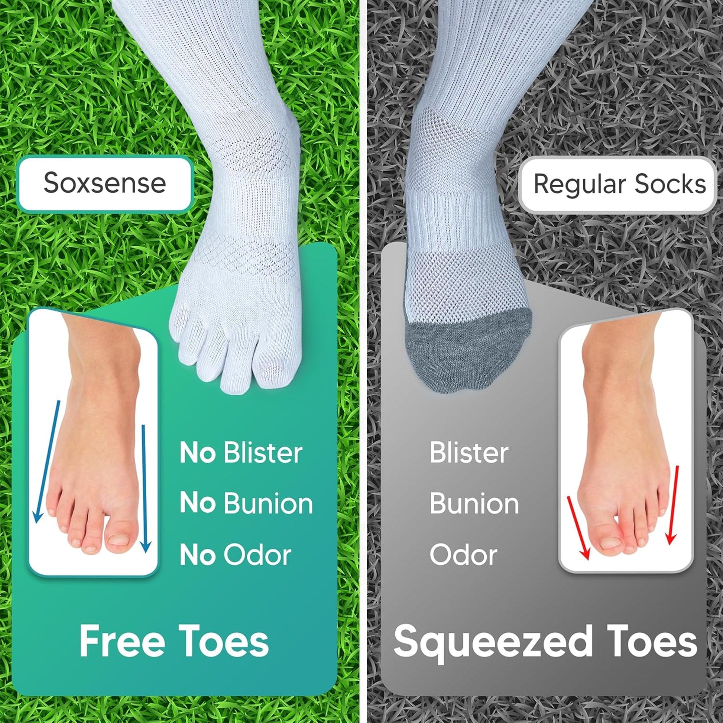 Soxsense Multi-Pack Sports Grip Toe Socks with Cushion, Non-Slip Finger Socks for Pilates, Home Gym, Soccer, basketball