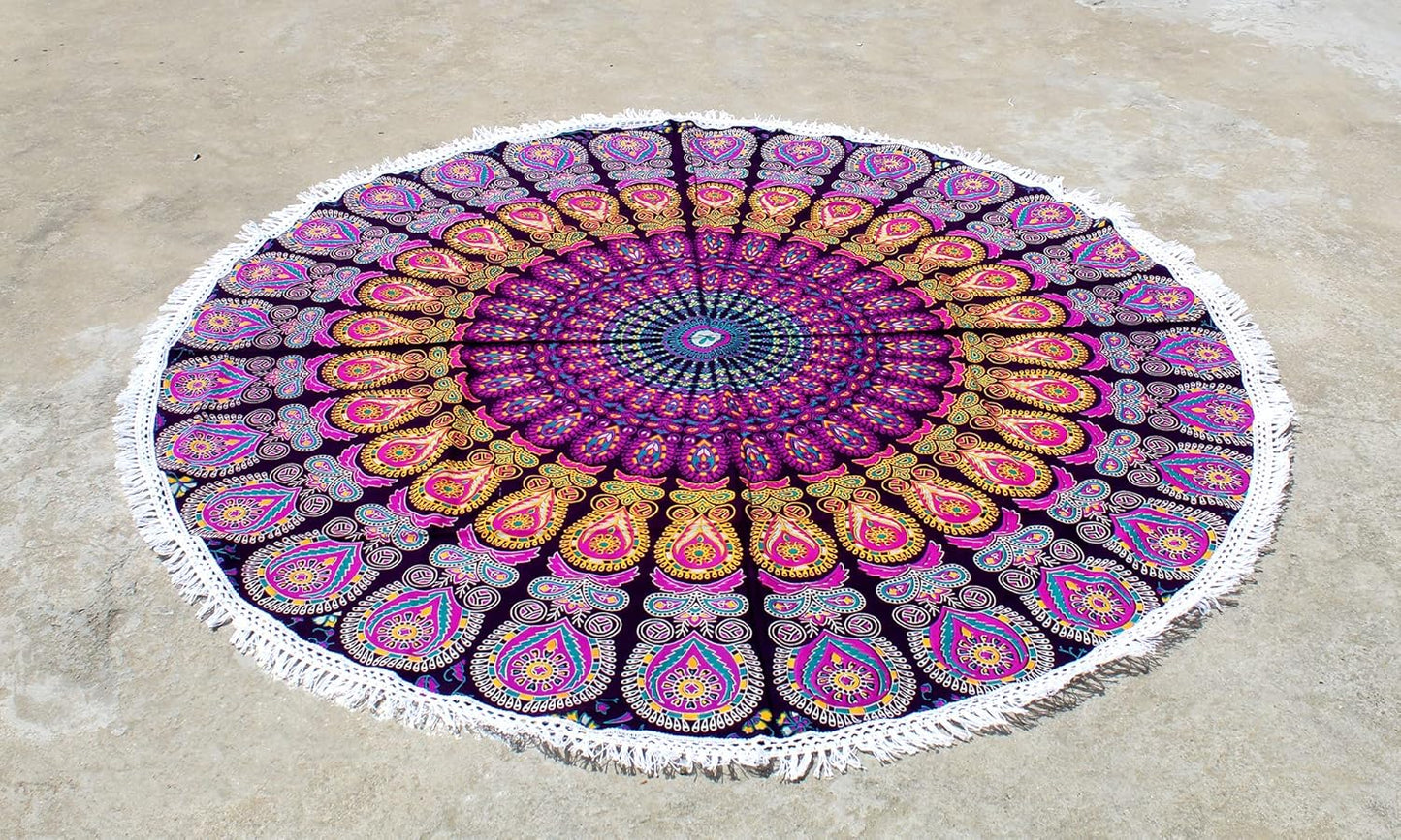 Mandala Round Beach Tapestry Boho Hippie Blanket Bohemian Large Table Cloth Home Decor Yoga Mat Meditation Picnic Rug Throw Hippy Gypsy Tablecloth Roundie (42 Inches, Orange And Blue)