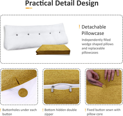 Cotton Linen Daybed Pillow Large Filled Triangular Soft Headboard Wedge Cushion Bed Backrest Positioning Support Reading Pillow for Adult Shoulder Lumbar Leg Bolster（Yellow, Small）