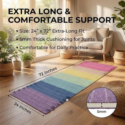 Indian Handmade100 % Organic Anti Skid Multi Colour Cotton Yoga Mat - Eco-Friendly Hand-Woven Rug - Non-Slip & Thick (24”x72”x5mm) for Hot yoga & Everyday Fitness at Home - Comfortable & Foldable Extra-Long Mat