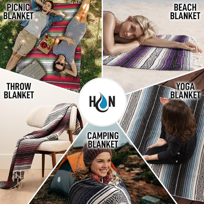 Hydration Nation Authentic Large Handwoven Mexican Blanket - Soft Yoga - Durable Serape - Lightweight Falsa, Beach, Camping, Picnic, Outdoor 70"x50" - Mandarin