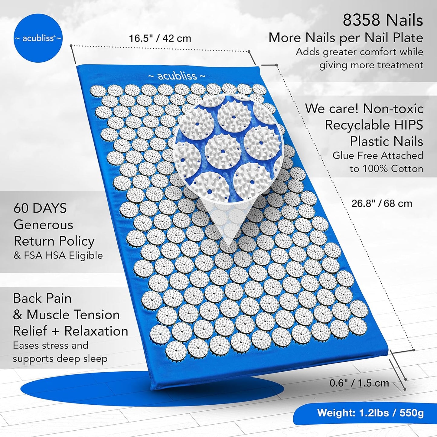 Premium Acupressure Mat, Strap & Pillow 3 piece Gift Set, 12,348 Acupuncture Pressure Points for Back Pain Relief, Increased Energy, Relaxation, Drawstring Bag, Deep Blue
