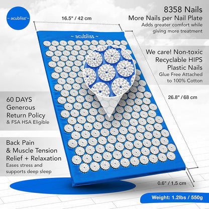 Premium Acupressure Mat, Strap & Pillow 3 piece Gift Set, 12,348 Acupuncture Pressure Points for Back Pain Relief, Increased Energy, Relaxation, Drawstring Bag, Deep Blue