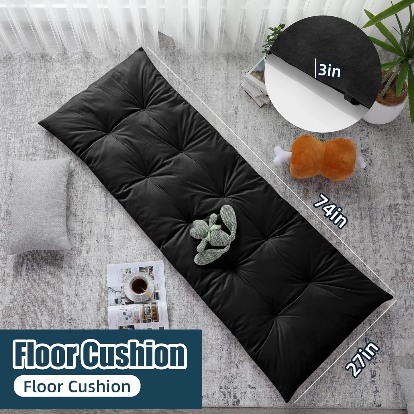 HOMBYS Floor Lounger Pillow Foldable and Tufted Design Long Floor Cushion for Yoga, Reading, Sleeping, Meditation, Elastic Band for Roll Up and Easy Storage, Machine Washable, Dark Grey, 74"x27"