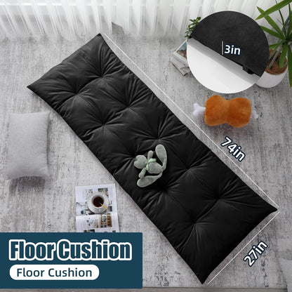 HOMBYS Floor Lounger Pillow Foldable and Tufted Design Long Floor Cushion for Yoga, Reading, Sleeping, Meditation, Elastic Band for Roll Up and Easy Storage, Machine Washable, Dark Grey, 74"x27"