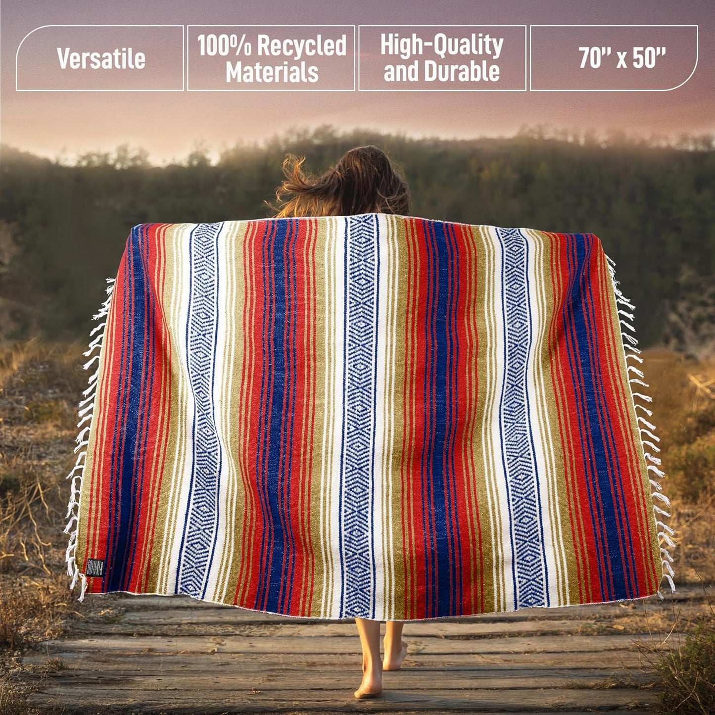 Hydration Nation Authentic Large Handwoven Mexican Blanket - Soft Yoga - Durable Serape - Lightweight Falsa, Beach, Camping, Picnic, Outdoor 70"x50" - Mandarin