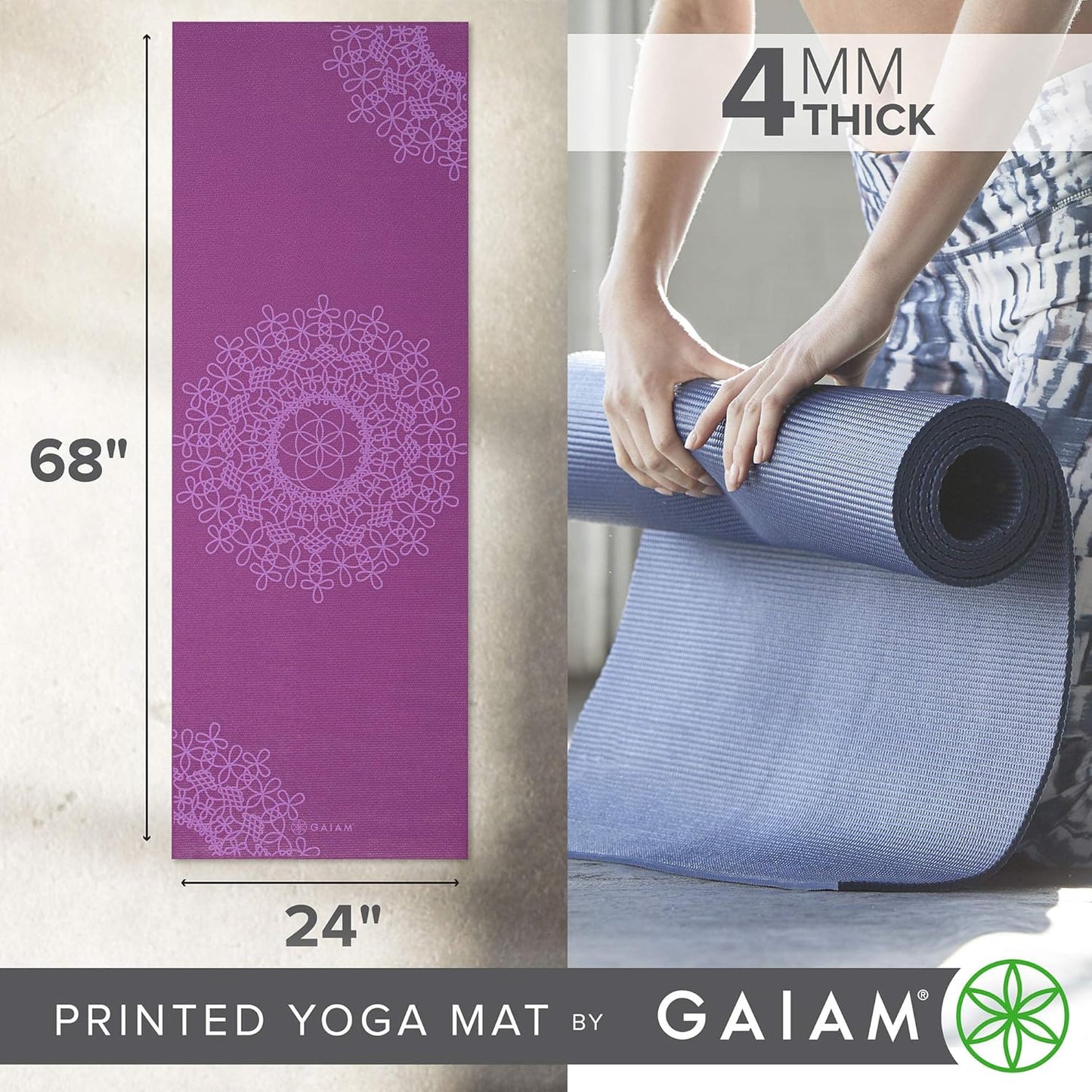 Gaiam Print Yoga Mat, Non Slip Exercise & Fitness Mat for All Types of Yoga, Pilates & Floor Exercises