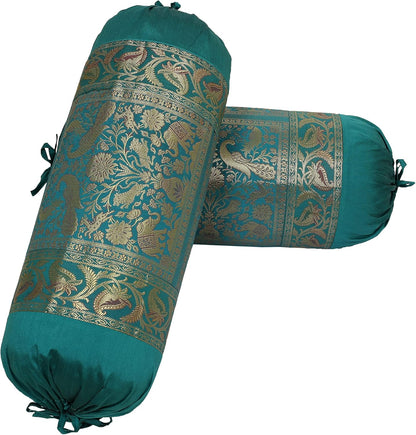 Ethnic Jacquard Brocade Silk Bolster Yoga Rectangle Pillow Cover Cylindrical Hotdog Dark Green Tube Living Room Decorative Elephant Traditional Throw Pillowcase 76x38 cm - Set of 2 Pcs