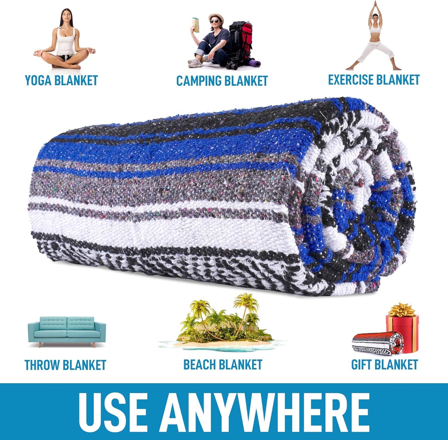 Hydration Nation Authentic Large Handwoven Mexican Blanket - Soft Yoga - Durable Serape - Lightweight Falsa, Beach, Camping, Picnic, Outdoor 70"x50" - Mandarin