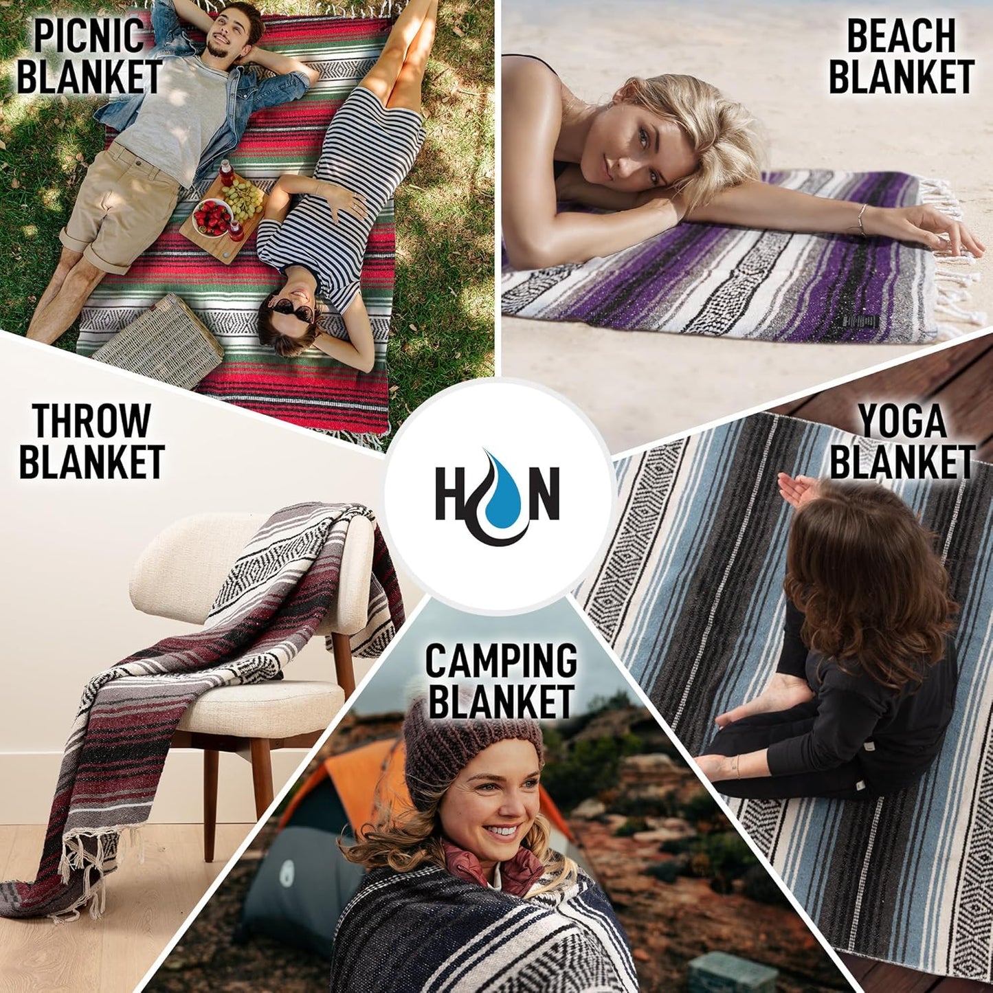 Hydration Nation Authentic Large Handwoven Mexican Blanket - Soft Yoga - Durable Serape - Lightweight Falsa, Beach, Camping, Picnic, Outdoor 70"x50" - Mandarin