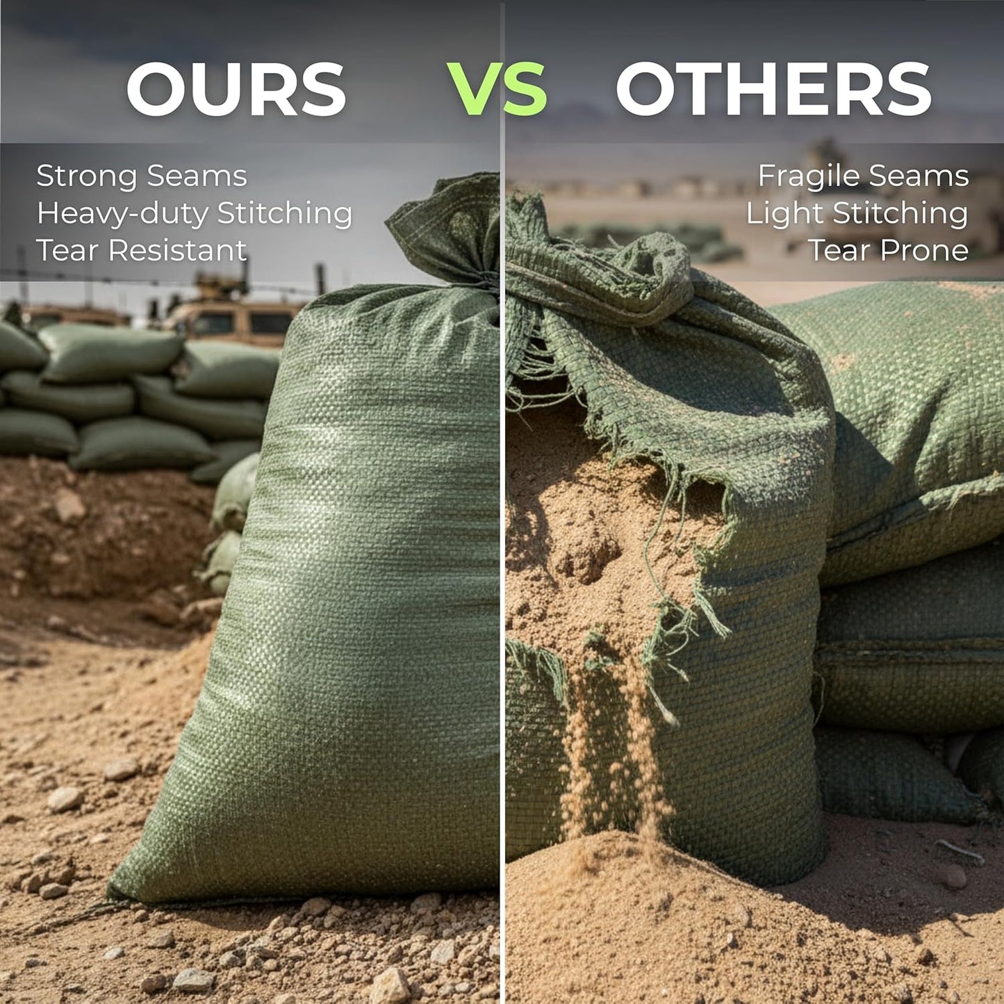 Empty Sandbags Military Green with Ties 14" x 26" - Woven Polypropylene Extra Heavy Duty Sand Bags Flood Protection
