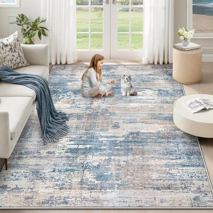 XLUEZ 8x10 Area Rugs for Living Room, Washable Modern Abstract Large Area Rug Neutral Soft Non Slip Kids Rug Stain Resistant Indoor Carpet for Bedroom Nursery Dining Children's Room(Blue, 8'x10')