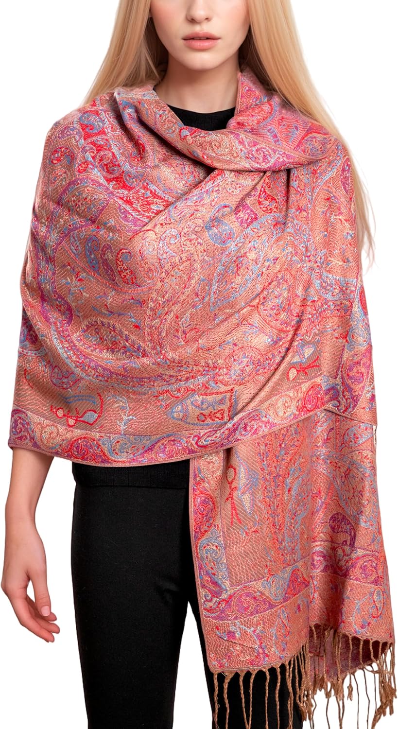 Achillea Reversible Paisley Pashmina Rave Scarf – Exotic Indian Shawls and Wraps for Evening Dresses, Festivals, All Seasons - Colors B