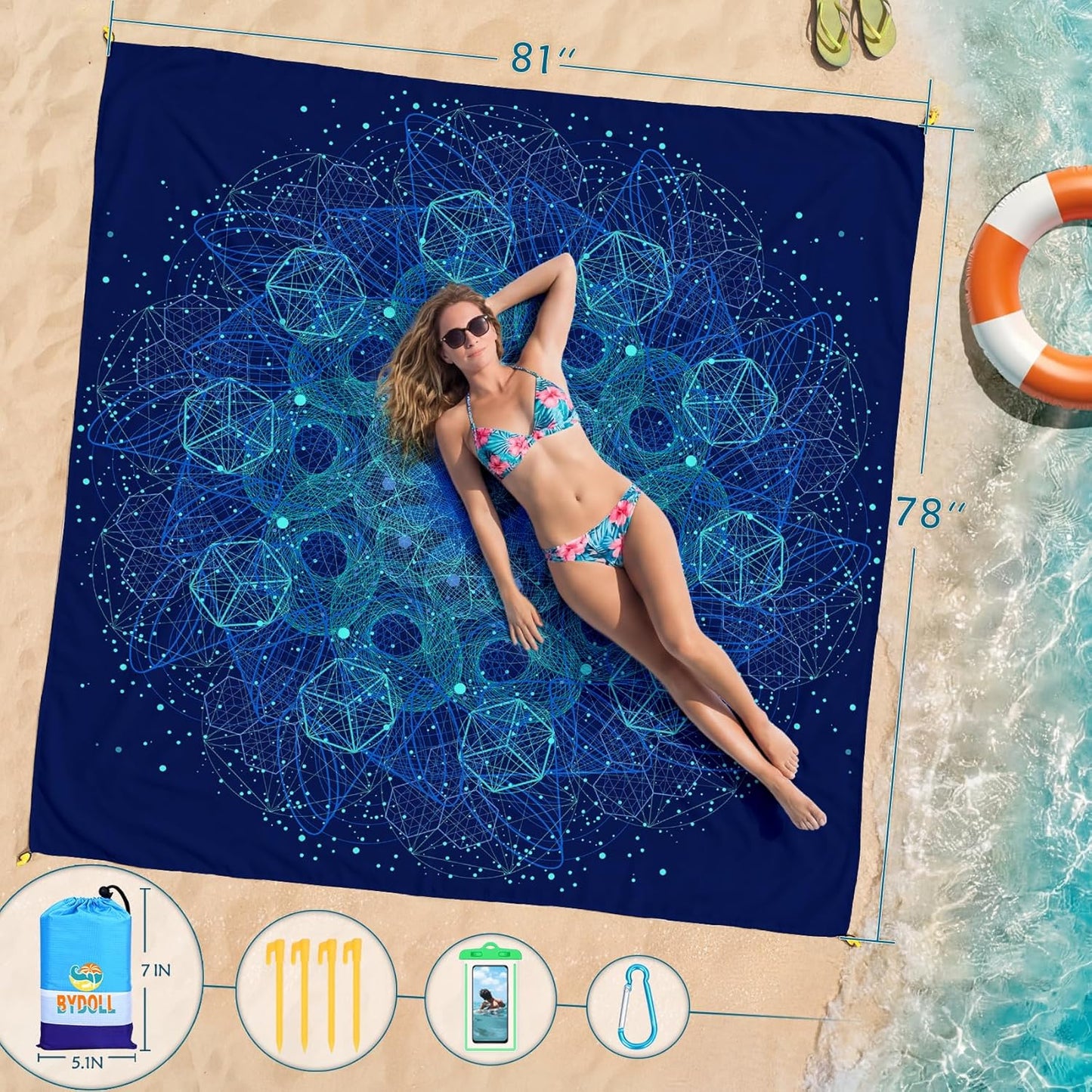 BYDOLL Beach Blanket Waterproof Sandproof Large Sand Free,78''X81''/10'X9' Oversized Sandless Lightweight Blanket Picnic Mat for Beach Travel Camping Hiking with Stakes