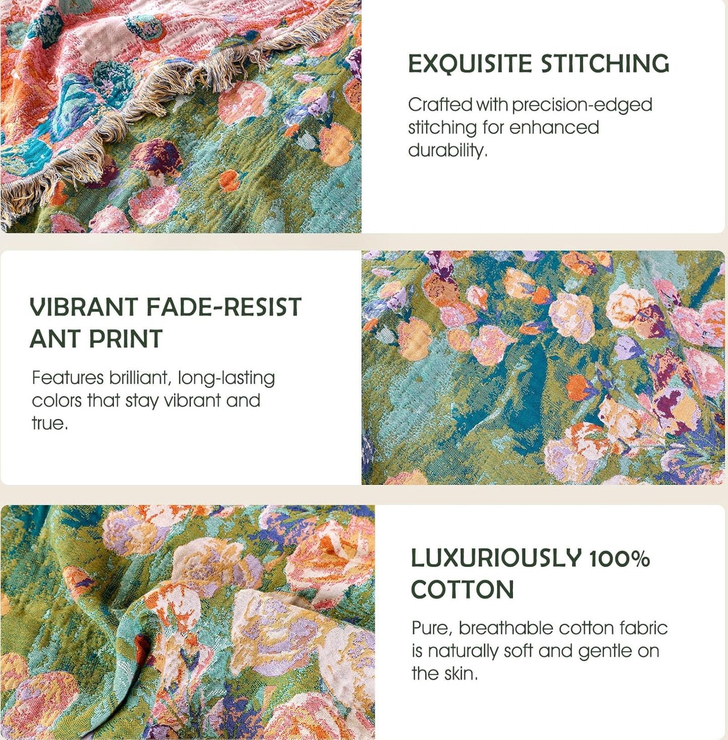 Boho Throw Blanket - 100% Cotton Soft Summer Throw Blanket for Bed, 50"x60" Reversible Breathable Lightweight Blankets, All Seasons Farmhouse Decor Floral Plant Butterfly Throw Quilt