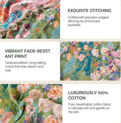Boho Throw Blanket - 100% Cotton Soft Summer Throw Blanket for Bed, 50"x60" Reversible Breathable Lightweight Blankets, All Seasons Farmhouse Decor Floral Plant Butterfly Throw Quilt