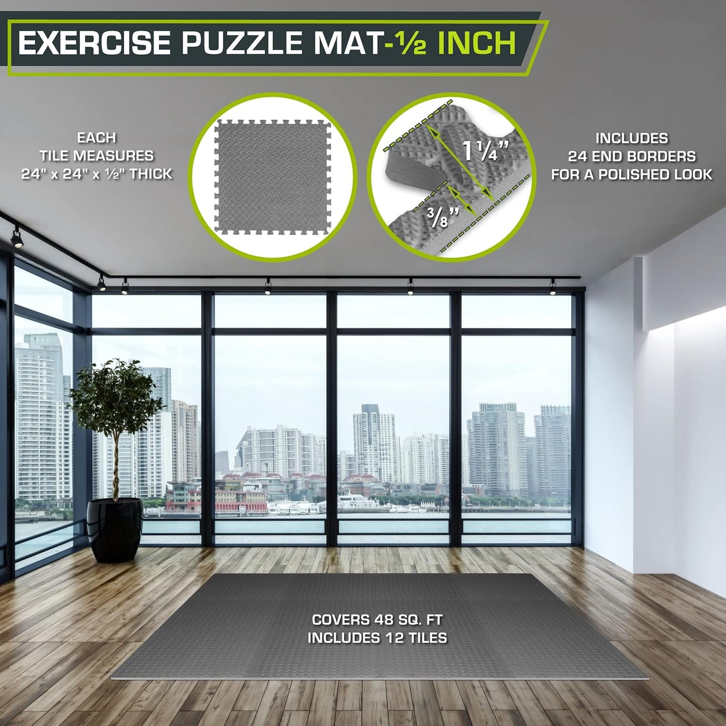 ProsourceFit Exercise Puzzle Mat ½-inch, EVA Interlocking Foam Floor Tiles for Home Gym, Workout Equipment, Kids Play Areas, Black, 24 SQ FT - 6 Tiles