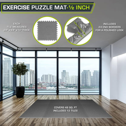 ProsourceFit Exercise Puzzle Mat ½-inch, EVA Interlocking Foam Floor Tiles for Home Gym, Workout Equipment, Kids Play Areas, Black, 24 SQ FT - 6 Tiles