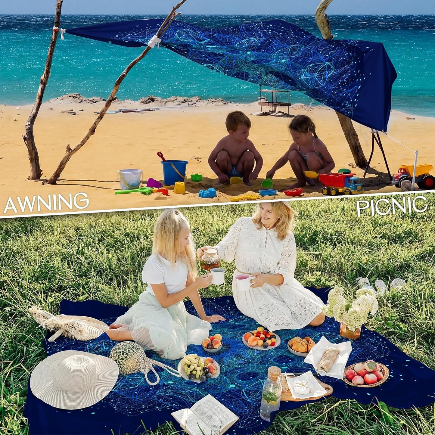 BYDOLL Beach Blanket Waterproof Sandproof Large Sand Free,78''X81''/10'X9' Oversized Sandless Lightweight Blanket Picnic Mat for Beach Travel Camping Hiking with Stakes