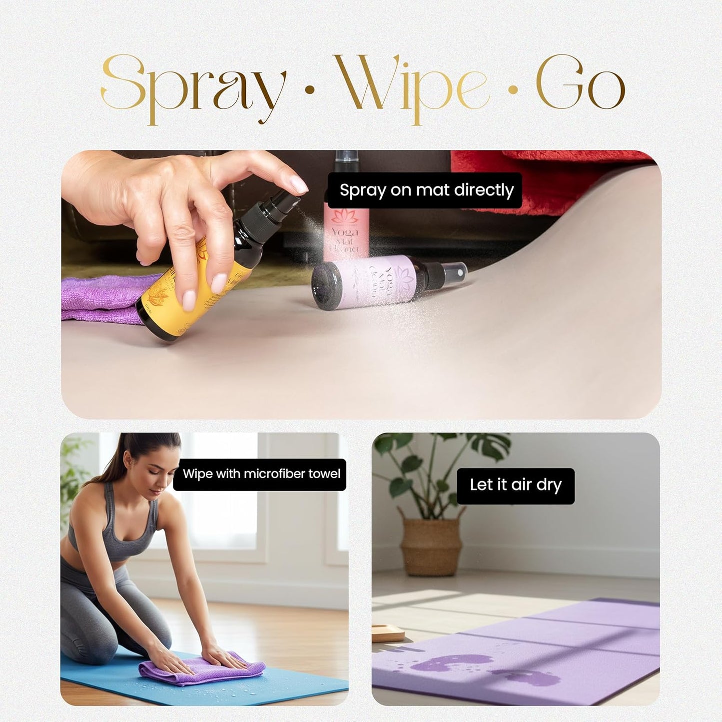 Combat Cleaner Yoga Mat Cleaner Spray Kit (Pack of 3) Includes a Microfiber Towel, Restores and Refreshes Yoga Mats (Lavender, Fresh Roses, Energy Citrus)