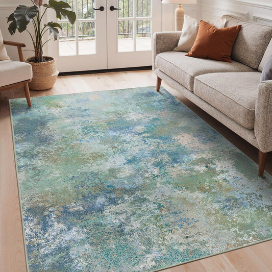 GENIMO 5X7 Area Rugs for Living Room, Machine Washable Non Slip Vintage Rugs, Low Pile Lightweight Chenille Print Rug for Bedroom, Dining Room, Home Office, Light Taupe Brown - Colors A