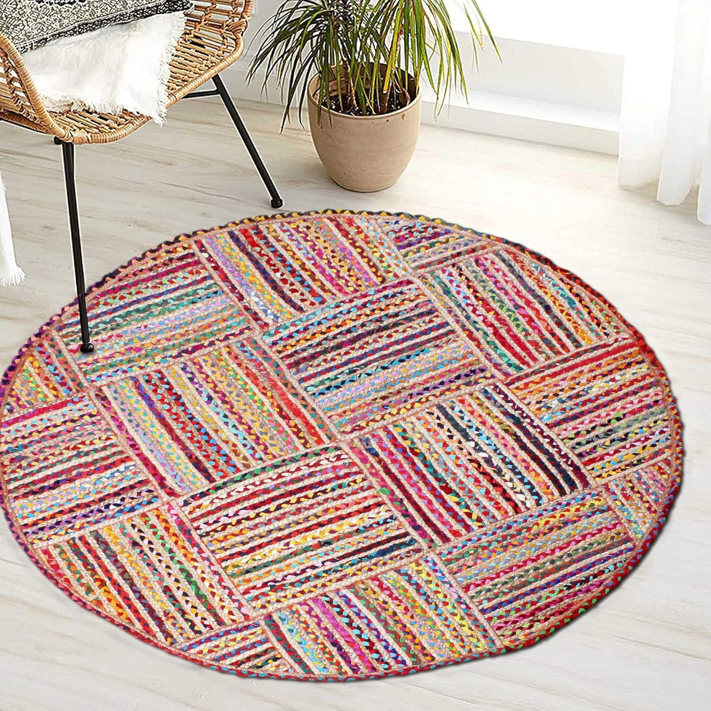 Collection Circle Area Rug - 3 x 3 Ft' Beige and Black Geometric Pettern Jute Mat Ideal for High Traffic Area in Hallway Bedroom Living Room Dining Room Kitchen Terrace Yoga Mat