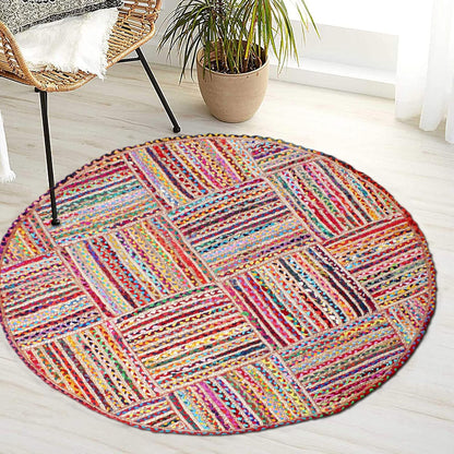 Collection Circle Area Rug - 3 x 3 Ft' Beige and Black Geometric Pettern Jute Mat Ideal for High Traffic Area in Hallway Bedroom Living Room Dining Room Kitchen Terrace Yoga Mat