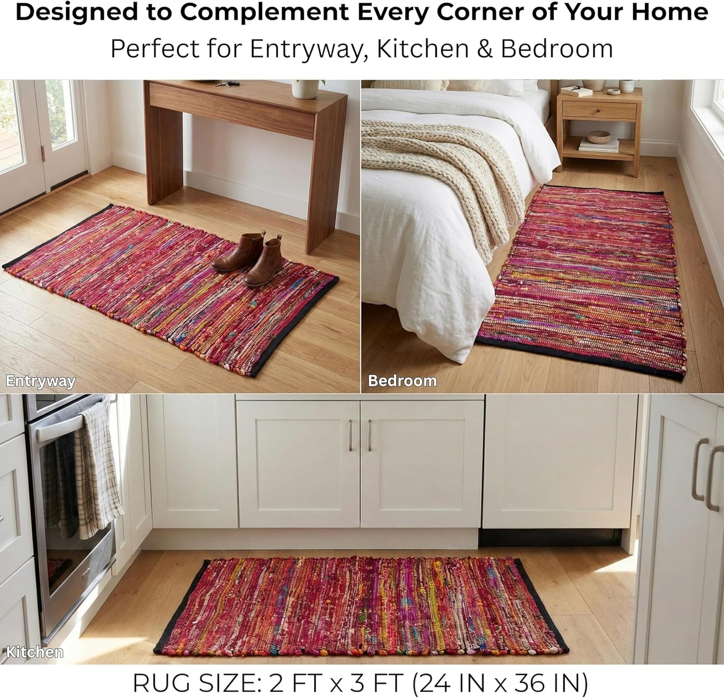 Ramanta Home 100% Cotton Chindi Hosiery Rug 24x36 Inch - Dark Multi, Farmhouse Reversible Soft Bohemeian Rugs Ideal for Entryways, Kitchen, Bedroom | Durable Lightweight Handmade Accent Doormat