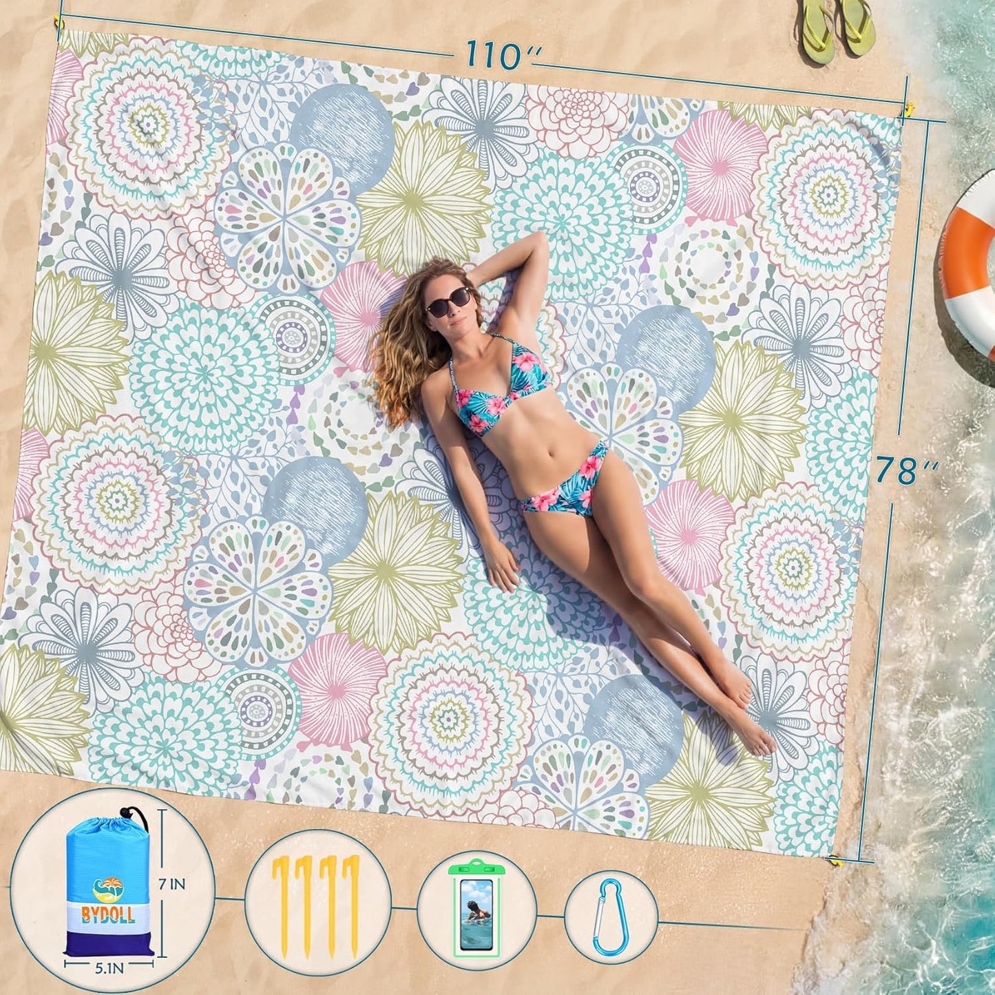 BYDOLL Beach Blanket Waterproof Sandproof Large Sand Free,78''X81''/10'X9' Oversized Sandless Lightweight Blanket Picnic Mat for Beach Travel Camping Hiking with Stakes