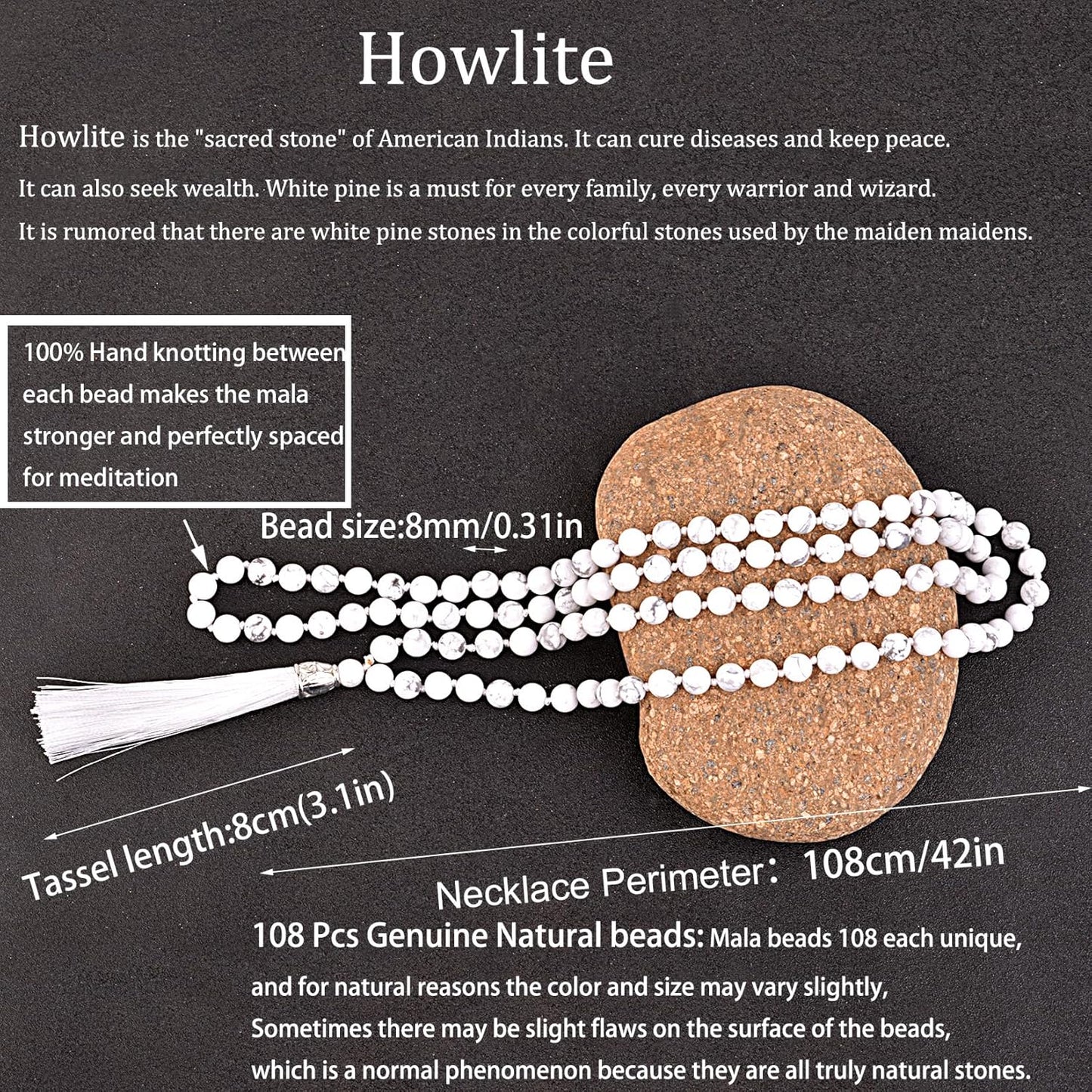 KIKILA Mala Beads 108 Natural Stone GemStones Japamala Yoga Meditation Hand Knotted Beaded Tassel Necklace for Women Men