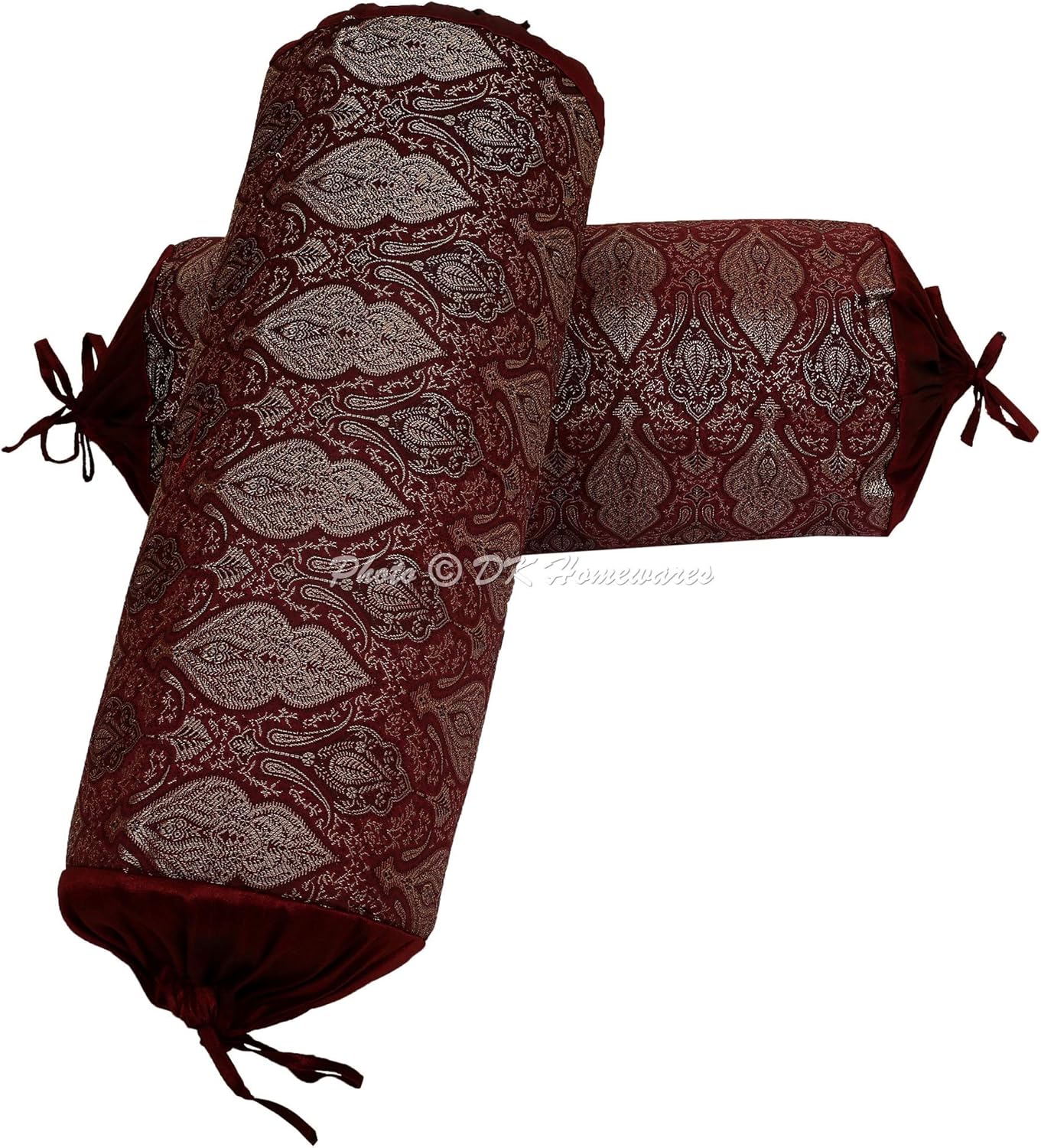 Ethnic Jacquard Brocade Silk Bolster Cushion Covers for Bed Damask Maroon Yoga Massand Living Room Decorative Cylindrical Hotdog Traditional Throw Pillowcase 76x38 cm - Set of 2 Pcs