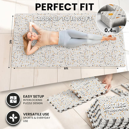 bemaxx Gym Mats Set - 18 pcs EVA Interlocking Foam Floor Tiles (12.6"x12.6"x0.4") 18sqft Protective Gym Flooring Sports Home Workout Exercise Mats Puzzle Garage Fitness Play-Room Pool Treadmill Bike