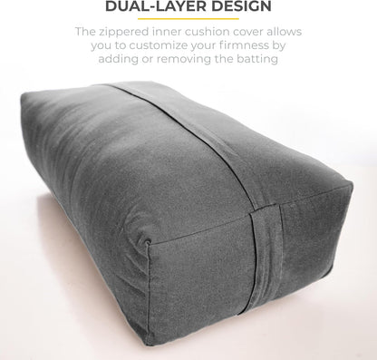 Extra Firm Large Yoga Bolster, 24" x 12" x 6" Cinched OR Zippered Yoga Pillow, Rectangular Cotton Cushion With Removable Cover for Studios, 1 Pack or 2 Pack