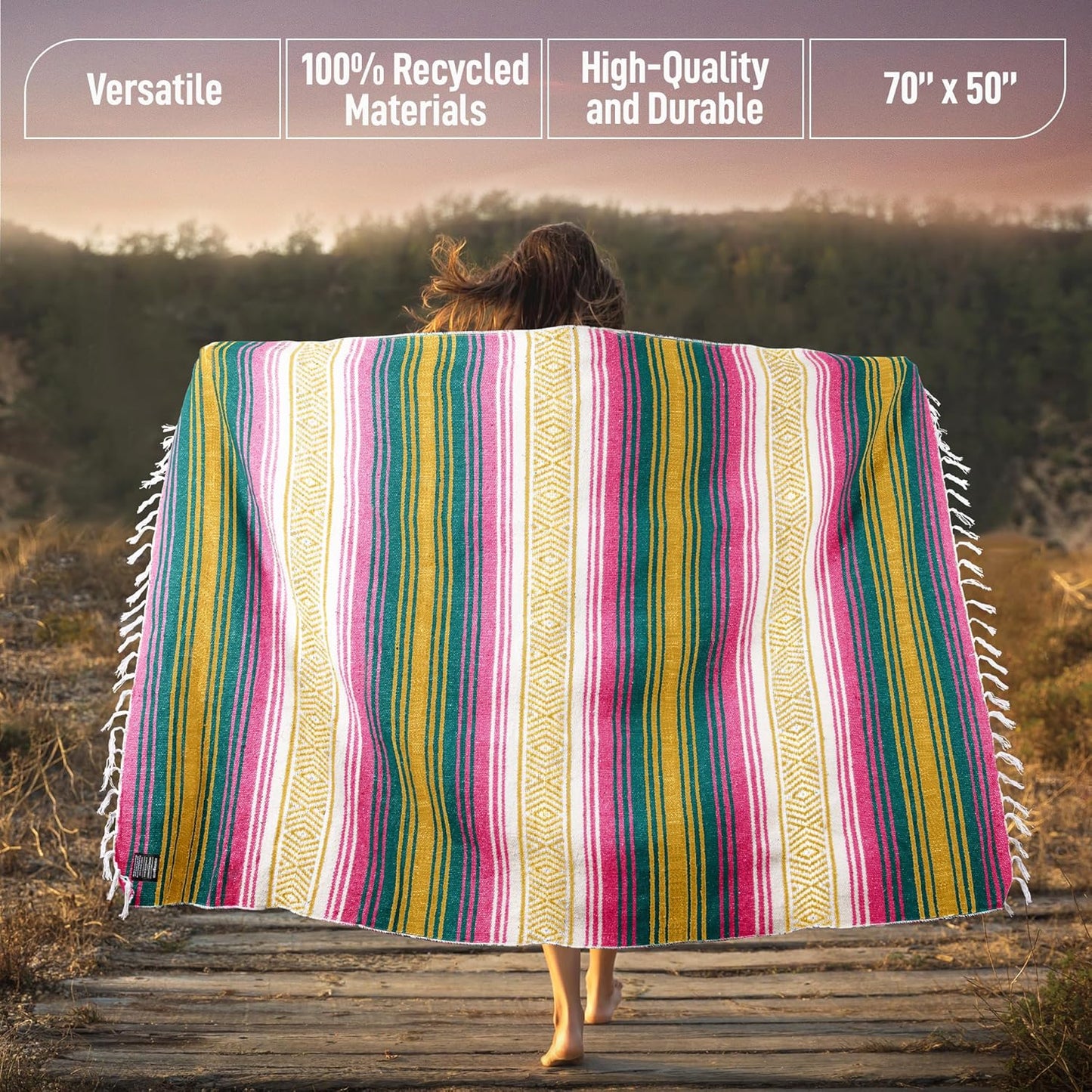 Hydration Nation Authentic Large Handwoven Mexican Blanket - Soft Yoga - Durable Serape - Lightweight Falsa, Beach, Camping, Picnic, Outdoor 70"x50" - Mandarin