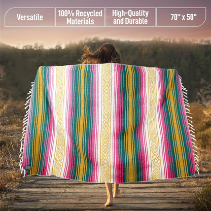 Hydration Nation Authentic Large Handwoven Mexican Blanket - Soft Yoga - Durable Serape - Lightweight Falsa, Beach, Camping, Picnic, Outdoor 70"x50" - Mandarin