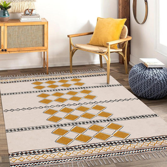 Enterway Runner 2.6x4 Kitchen Runner Thick 0.19" Floral Design Musterd Yellow Hand Block Printed Cotton Easy Washable Handmade Boho Floor Carpet Flatweave Indoor Outdoor Use Bedside Yoga - Colors B