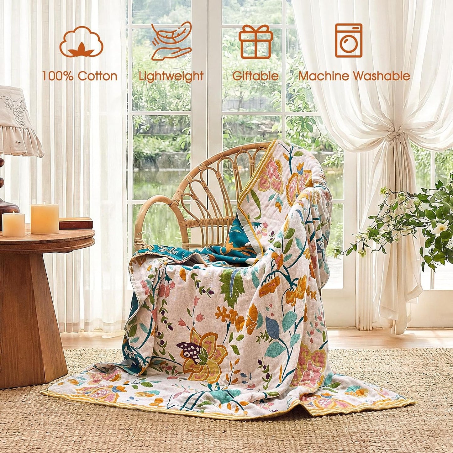 Boho Throw Blanket - 100% Cotton Soft Summer Throw Blanket for Bed, 50"x60" Reversible Breathable Lightweight Blankets, All Seasons Farmhouse Decor Floral Plant Butterfly Throw Quilt