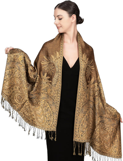 Achillea Reversible Paisley Pashmina Rave Scarf – Exotic Indian Shawls and Wraps for Evening Dresses, Festivals, All Seasons - Colors A